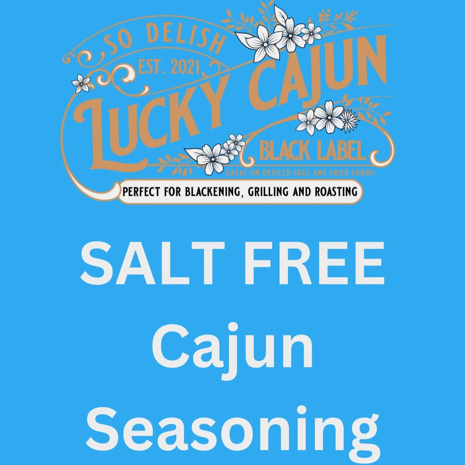 Lucky Cajun Black Label Salt-Free Cajun Seasoning logo with gold and black emblem on a blue background—perfect for blackening, grilling, and roasting.