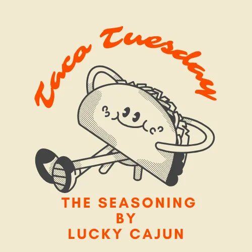 The laid-back Lucky Cajun Taco Tuesday logo. A relaxed, handcrafted brand mark for fresh-ground, sugar-free taco seasoning.