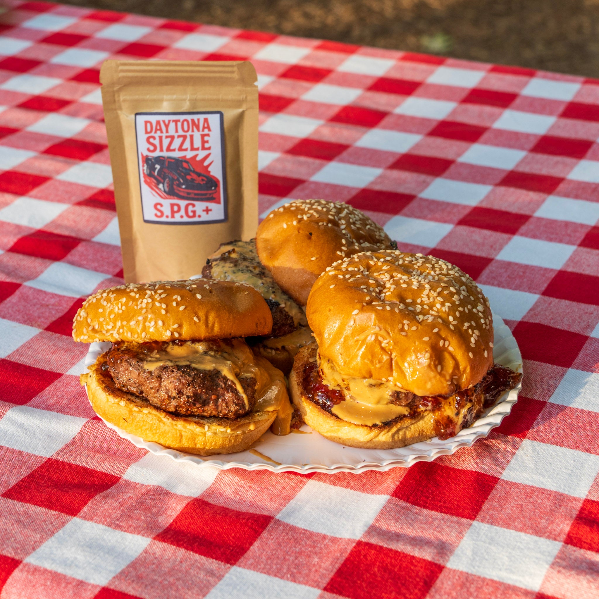 Daytona Sizzle burgers with peanut butter and pepper jelly oozing out on a red and white picnic tablecloth

